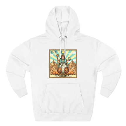 Ninhursag Sumerian Goddess art graphic on a white hoodie with lions and Mesopotamian symbols.