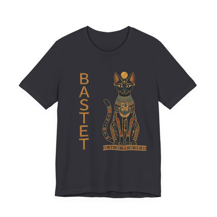 Bastet Egyptian cat goddess graphic t-shirt featuring hieroglyphic art and the goddess's name.