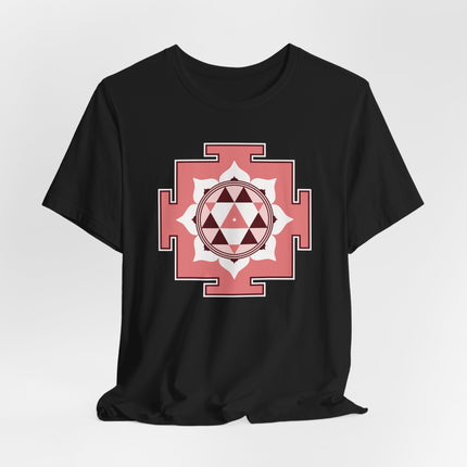 Sacred geometry Durga Yantra mandala design on a black t-shirt.