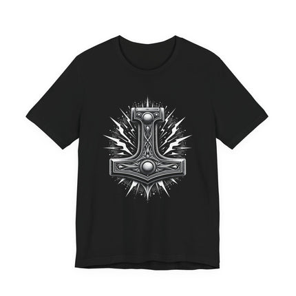 Black t-shirt featuring a stylized Mjolnir hammer graphic, referencing Norse mythology and Thor.