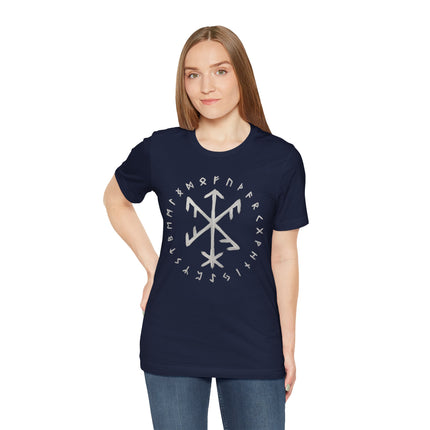 Navy tee featuring Elder Futhark runes and Norse Viking symbols.