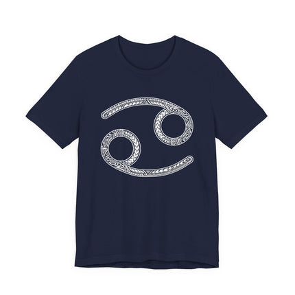 Cancer zodiac symbol t-shirt featuring intricate tribal astrology art and the Cancer sign.
