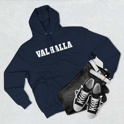 Navy Valhalla text hoodie featuring Norse mythology design.
