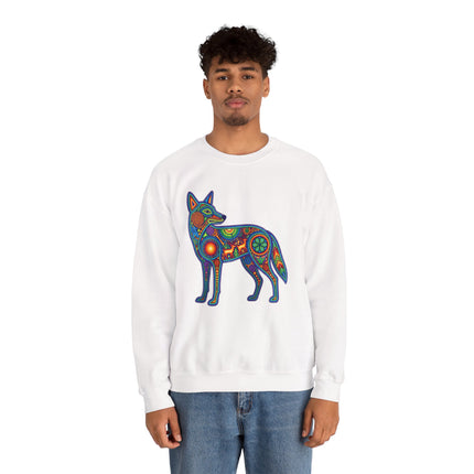 Vibrant Huichol coyote graphic on a white sweatshirt, featuring Mexican folk art and indigenous style.