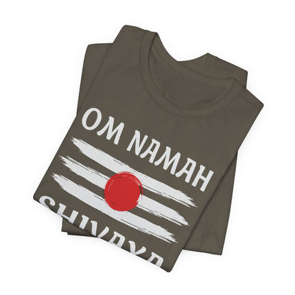 Spiritual Om Namah Shivaya mantra tee featuring Shiva tripundra design.