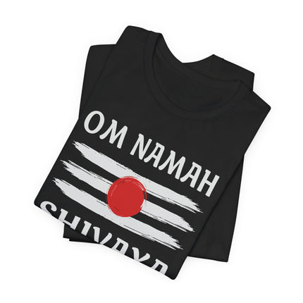 Om Namah Shivaya mantra t-shirt featuring the Tripundra spiritual graphic design.
