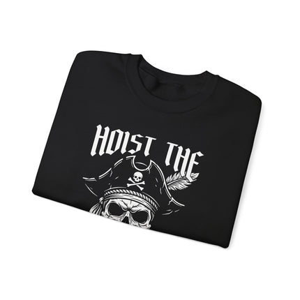 Pirate skull crossbones pullover sweatshirt featuring "Hoist The Colors" graphic design.