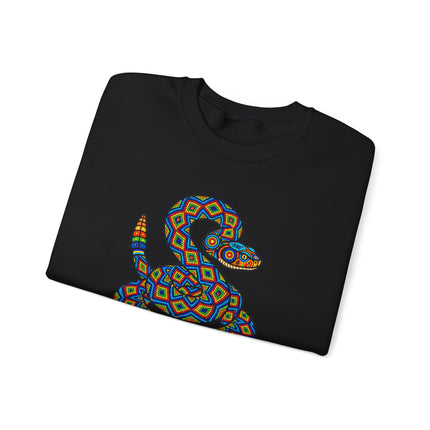 Colorful geometric rattlesnake artwork on a Huichol-style pullover sweatshirt.