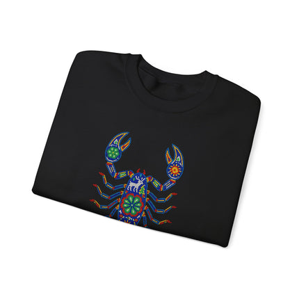 Colorful Mexican Huichol scorpion pattern pullover sweatshirt featuring vibrant beaded designs.