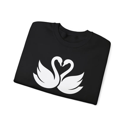 Swans forming a heart graphic on a romantic love birds couples pullover sweatshirt.