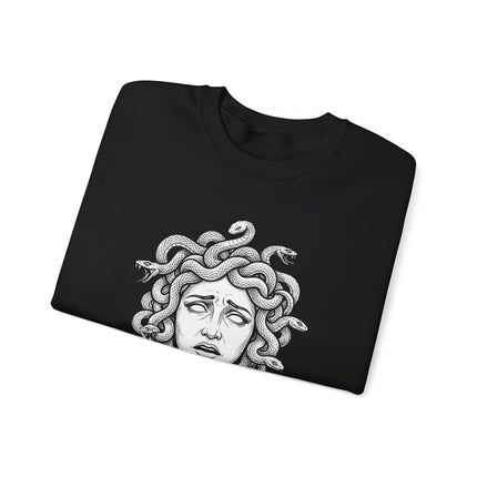 Distressed Medusa head sweatshirt featuring a graphic print of Greek mythology snake hair.