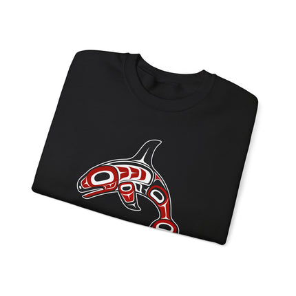 Indigenous formline art orca whale design on a Pacific Northwest pullover sweatshirt.