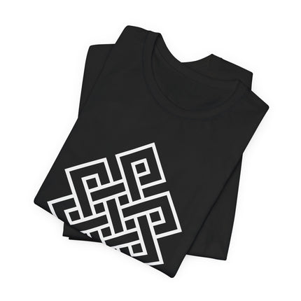 Black and white Endless Knot Buddhist symbol t-shirt design.