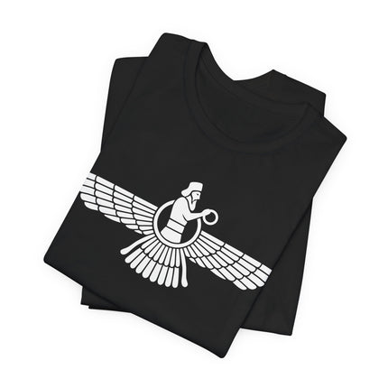 Faravahar winged symbol graphic on a black tee, representing Zoroastrian wisdom and ancient Persian culture.