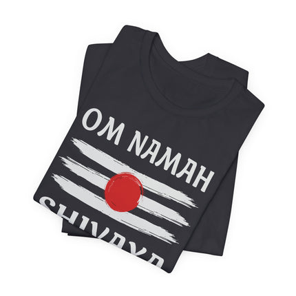 Om Namah Shivaya mantra t-shirt featuring Tripundra stripes and red spiritual design.