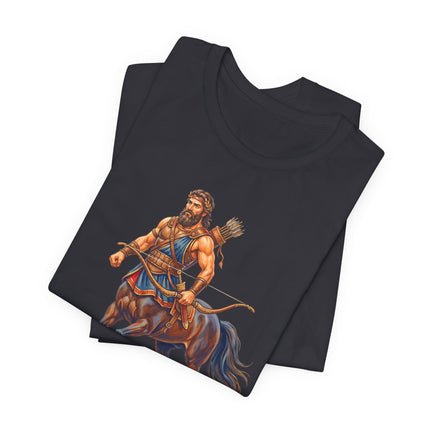 Centaur archer graphic tee shirt featuring Greek mythology fantasy warrior art.