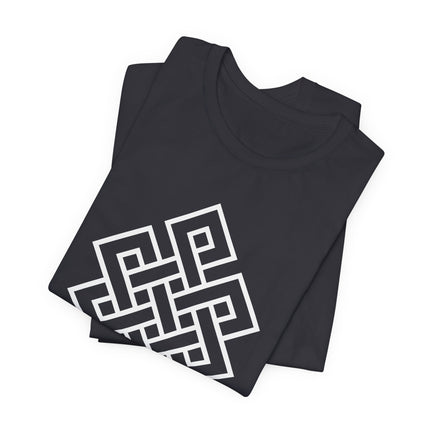 Black and white endless knot Buddhist symbol graphic tee shirt.