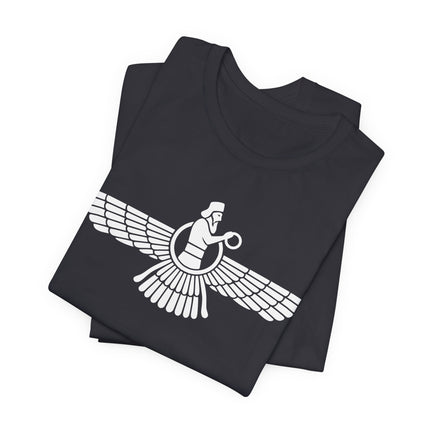 Faravahar winged symbol graphic tee, representing Zoroastrian and ancient Persian culture.