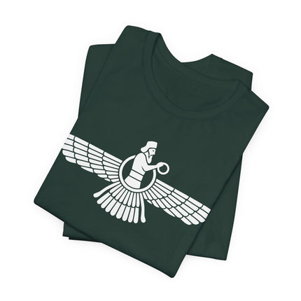 Zoroastrian Faravahar winged symbol graphic tee, representing spiritual wisdom and ancient culture.