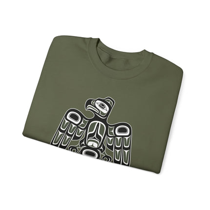 Indigenous raven formline art pullover featuring Pacific Northwest cultural designs.