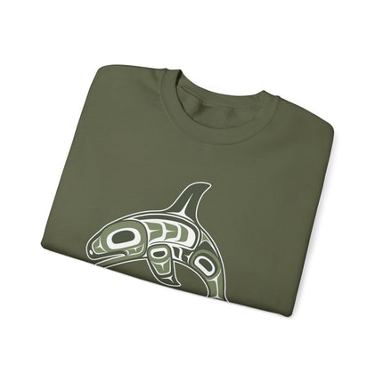 Indigenous formline art orca whale pullover featuring traditional Pacific Northwest design.
