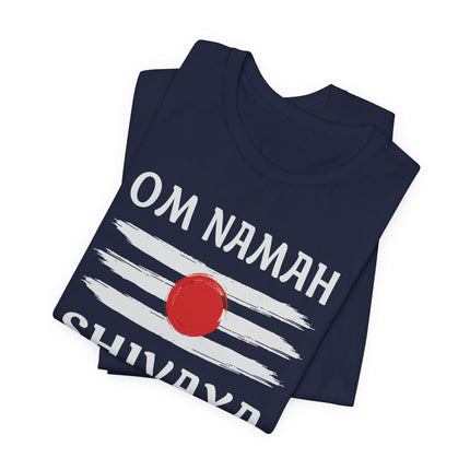 Om Namah Shivaya mantra t-shirt with Tripundra stripes, spiritual Hindu devotional apparel.