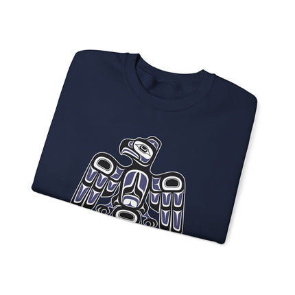 Indigenous raven formline art pullover sweatshirt featuring Pacific Northwest design.