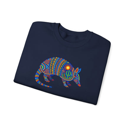 Vibrant Huichol art armadillo design sweatshirt featuring dotted Mexican folk patterns.