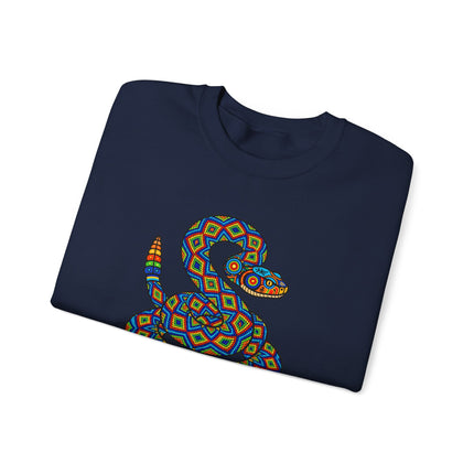 Huichol rattlesnake geometric art printed on a colorful pullover sweatshirt.