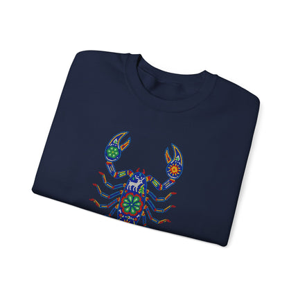 Colorful beaded Mexican pullover sweatshirt featuring a vibrant Huichol scorpion design.