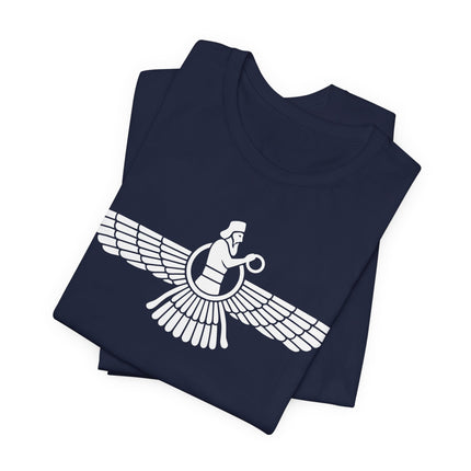 Faravahar winged symbol graphic tee, representing Zoroastrian and ancient Persian wisdom.