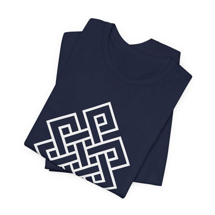 Endless Knot Buddhist symbol printed on a black and white unisex t-shirt.