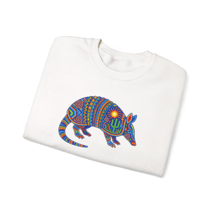 Vibrant Huichol armadillo motif sweatshirt featuring dotted Mexican folk art patterns.