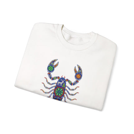 Beaded Huichol scorpion graphic on colorful Mexican pullover sweatshirt.