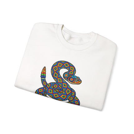 Colorful geometric rattlesnake art pullover inspired by traditional Huichol culture.