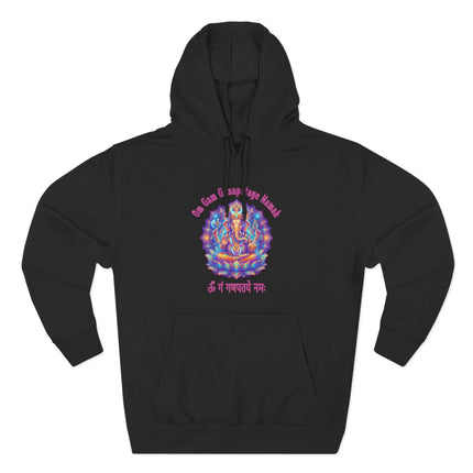 Vibrant Ganesha god print with Om Gam Ganapataye Namah mantra on unisex pullover hoodie.