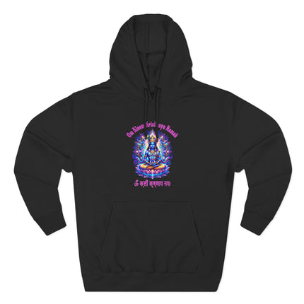 Colorful spiritual Om Kleem Krishna mantra art printed on pullover hoodie.