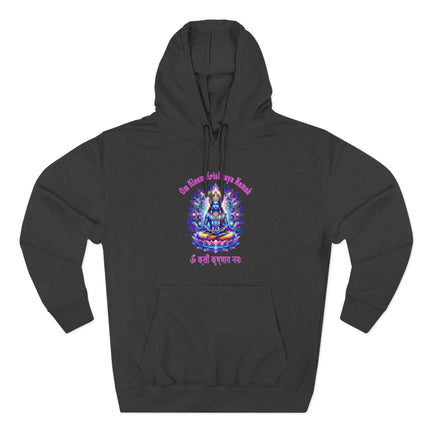 Colorful spiritual hoodie featuring Om, Kleem, and Krishna devotional mantras art.