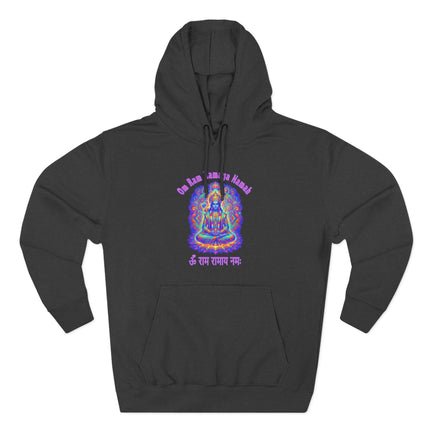 Lord Rama psychedelic hoodie featuring Om Ramaya Namah Hindu mantra print. Spiritual devotional pullover wear.