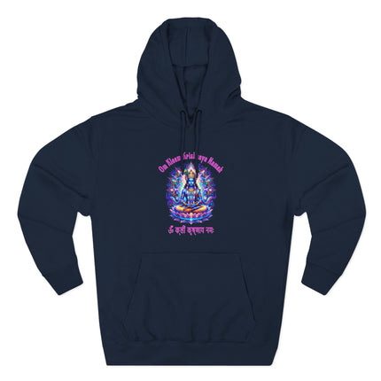 Colorful spiritual art featuring Om Kleem Krishnaya Namah Krishna mantras printed on pullover hoodie.