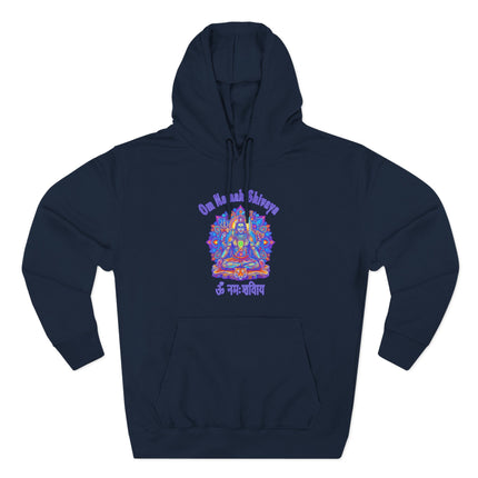 Om Namah Shivaya mantra graphic on a spiritual Shiva meditation hoodie pullover.