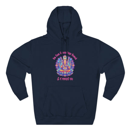 Hindu God Ganesha pullover featuring vibrant Om Gam Ganapataye Namah mantra print on a unisex hoodie.