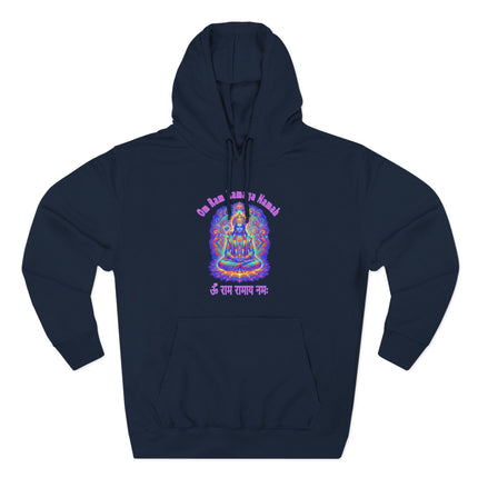 Lord Rama psychedelic mantra pullover hoodie featuring Om Ramaya Namah Hindu design.