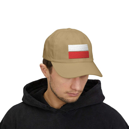 Embroidered Polish flag baseball cap in khaki for patriotic casual wear and Polish pride.