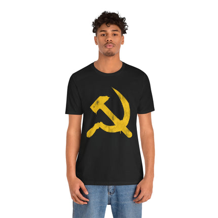 Black t-shirt featuring a distressed yellow hammer and sickle communist symbol.