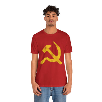 Communist hammer and sickle graphic tee on a red streetwear shirt.