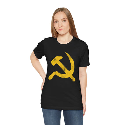 Black t-shirt featuring a yellow graffiti-style hammer and sickle communist symbol.
