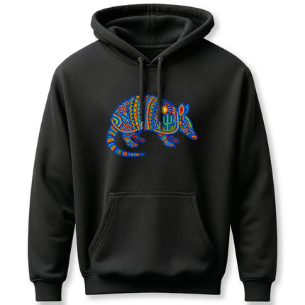 Colorful Huichol armadillo graphic on a black hoodie, featuring vibrant Mexican tribal folk art and cultural patterns.