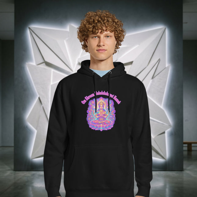 Hindu Goddess Lakshmi mantra pullover hoodie with Om Shreem Mahalakshmyai Namah print.