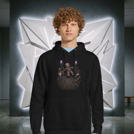 Gothic dark magic hoodie featuring occult pentagram and ritual table graphic print.